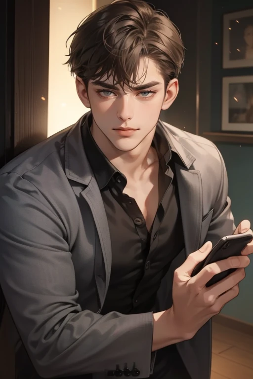 masterpiece, best quality, realistic, 1man, mature male, quiet and charming young man, 25 years old, close his eyes, serious look, extremely detailed face, ((dark grey eyes)), ((short-right-swept dark brown hair)), [thick eyebrows], detective, at the crime scene, cinematic lighting, looking at the audience, posture dynamics, smirk, holding the phone