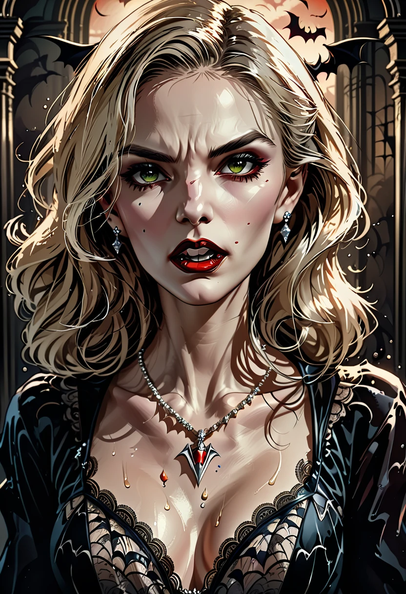 ((a photorealistic portrait of an exquisite, glamour female vampire: 1.5)) , pale face, blond hair, long vibrant shiny hair, glamorous hair, emerald green eyes, deep penetrating eyes, red lips, lustful lips, ((two vampiric fangs: 1.5) (good teeth: 1.3), drops of blood dripping from the mouth, ((1920's style: 1.5)), she wears an intricate diamond necklace and earrings, 1920's style clothes, (highest quality:1.2, Very detailed, up to date, Vibrant, Ultra-high resolution, High Contrast, masterpiece:1.2, highest quality, Best aesthetics), best details, best quality, highres, ultra wide angle, 16k, [ultra detailed], masterpiece, best quality, (extremely detailed), Genetically modified..., Cinematic Hollywood Film, dark novel