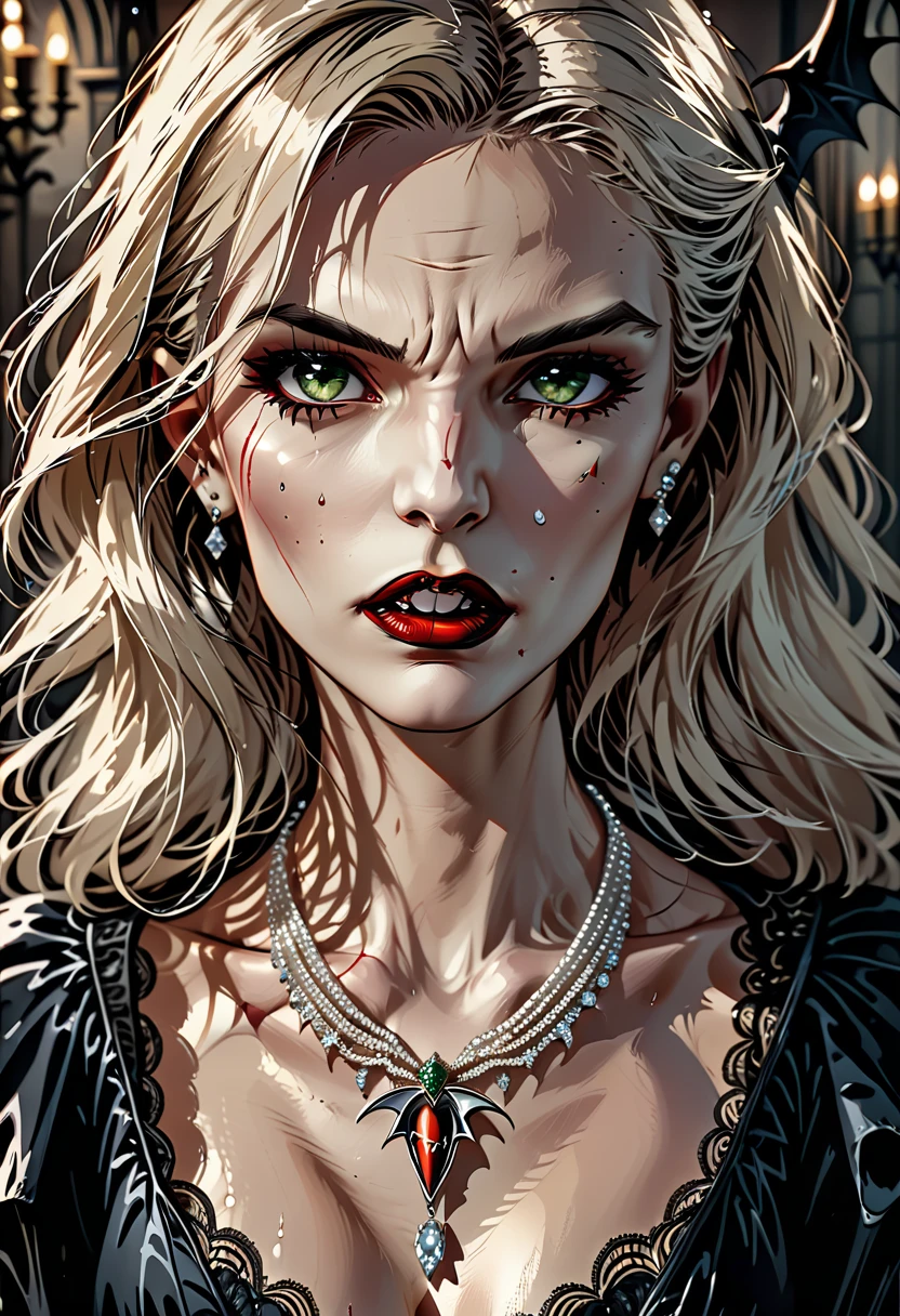 ((a photorealistic portrait of an exquisite, glamour female vampire: 1.5)) , pale face, blond hair, long vibrant shiny hair, glamorous hair, emerald green eyes, deep penetrating eyes, red lips, lustful lips, ((two vampiric fangs: 1.5) (good teeth: 1.3), drops of blood dripping from the mouth, ((1920's style: 1.5)), she wears an intricate diamond necklace and earrings, 1920's style clothes, (highest quality:1.2, Very detailed, up to date, Vibrant, Ultra-high resolution, High Contrast, masterpiece:1.2, highest quality, Best aesthetics), best details, best quality, highres, ultra wide angle, 16k, [ultra detailed], masterpiece, best quality, (extremely detailed), Genetically modified..., Cinematic Hollywood Film, dark novel