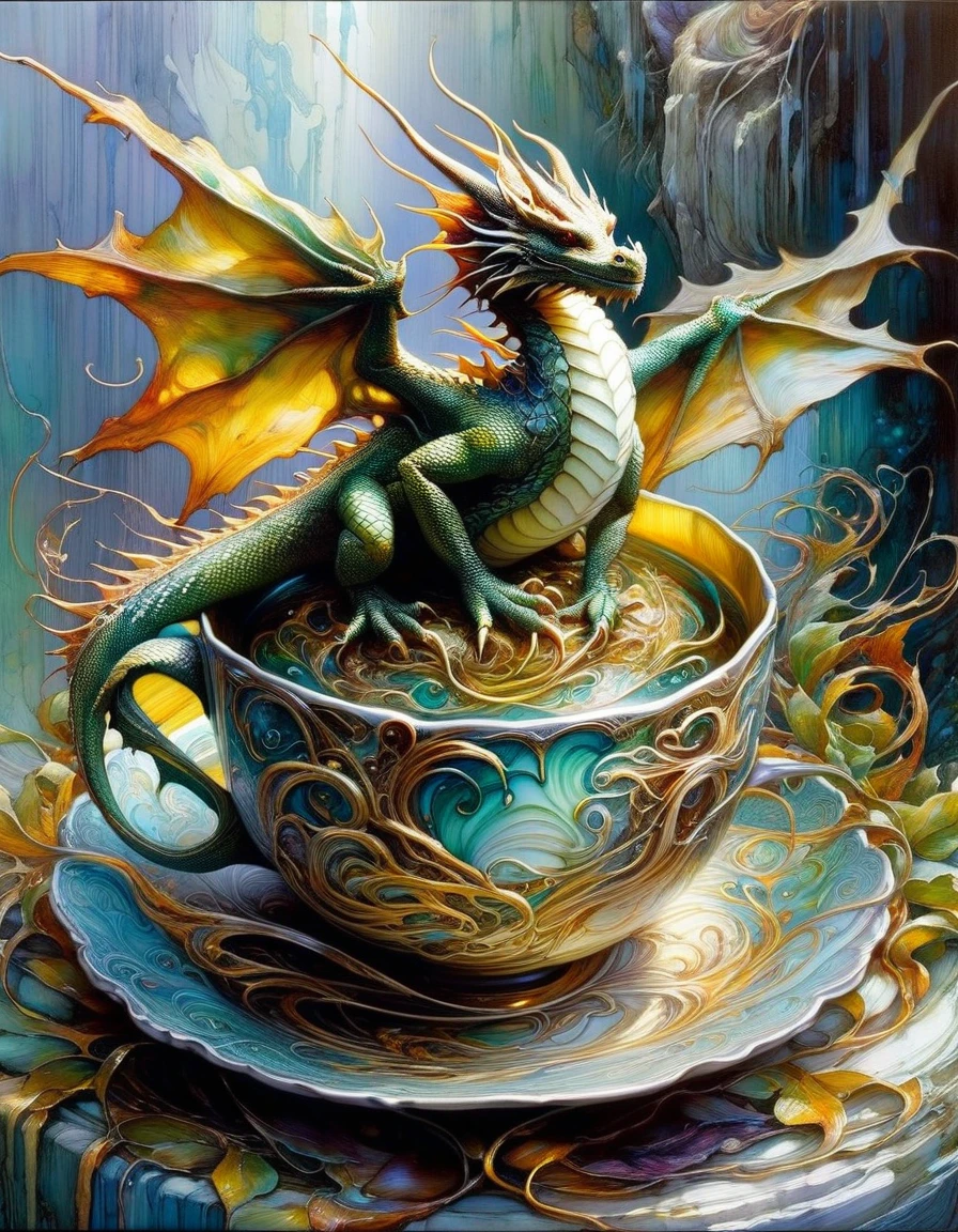 luxurious cup inside which there is a small dragon (art inspired by Brian Froud and Carne Griffiths and Wadim Kashin, intricate details, oil painting)