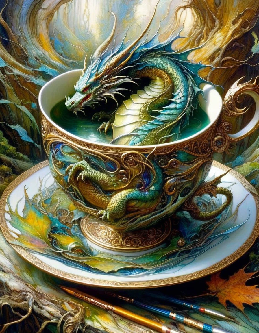 luxurious cup inside which there is a small dragon (art inspired by Brian Froud and Carne Griffiths and Wadim Kashin, intricate details, oil painting)