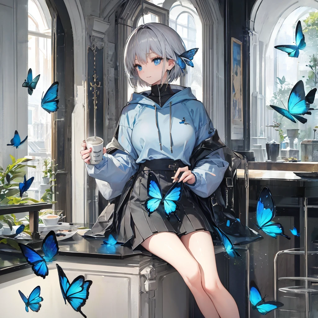 (((1 person Gray Hair Cafe Window blue eyes))) ((High resolution short hair hoodie Black Skirt Rin々Funny face)) ((Close-up Side view)) ((Blue Butterfly Asahi Shining Aura look out Holding a cup Drink coffee)) (smile Bathed in light) Shining Background Shining Edge