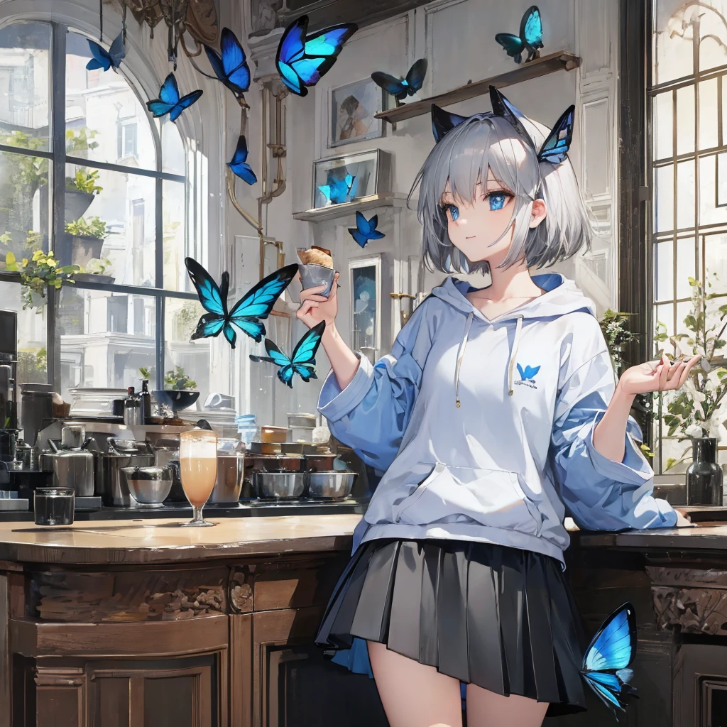 (((1 person　Gray Hair　Cafe　Window　blue eyes)))　((High resolution　short hair　hoodie　Black Skirt　Rin々Funny face))　((Close-up　Side view))　((Blue Butterfly　Asahi　Shining Aura　look out　Holding a cup　Drink coffee))　(smile　Bathed in light)　Shining Background　Shining Edge