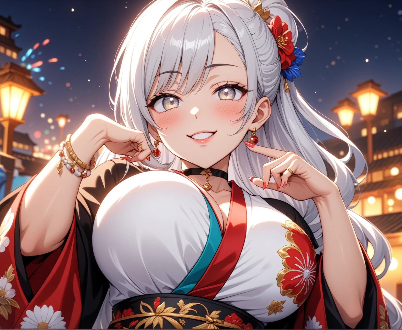 ((One personの女性)), Beautiful Face, Fingers touching lips, Laughing embarrassedly,((Wink:1.9)),Laugh with your mouth wide open,((Bright red cheeks:1.4)),Shiny red lips,night,rooftop,Festive decorations,You can see the ocean, firework,Laughing with your mouth open,Glossy pink lips, lighting,((Anime style background)),masterpiece, Highest quality, so beautiful,up to date, Complex details, (Pink long nails),(ring),(bracelet),(choker),AI-generated, Complex,High resolution, Highest quality, super high quality,3D Images、3D Images,One person,Long white hair,High Ponytail,(White eyes),Anime woman posing for a photo, ((Fine grain、Silvery white colorful eyes、Shining Eyes:1.4)),(Squint your eyes:1.1),a hyperRealistic , hyperRealistic , Realistic,Anime woman with long white hair, Smooth anime CG art, A woman in a colorful kimono with gold embroidery, (Black long sleeve kimono),Red floral pattern,Long flower hair ornament,big floral earrings,Mature Body,(Big Breasts:1.1),expensive,Abdominal muscles,Tight waist,(Zoom up to face:1.7),Shooting from diagonally below