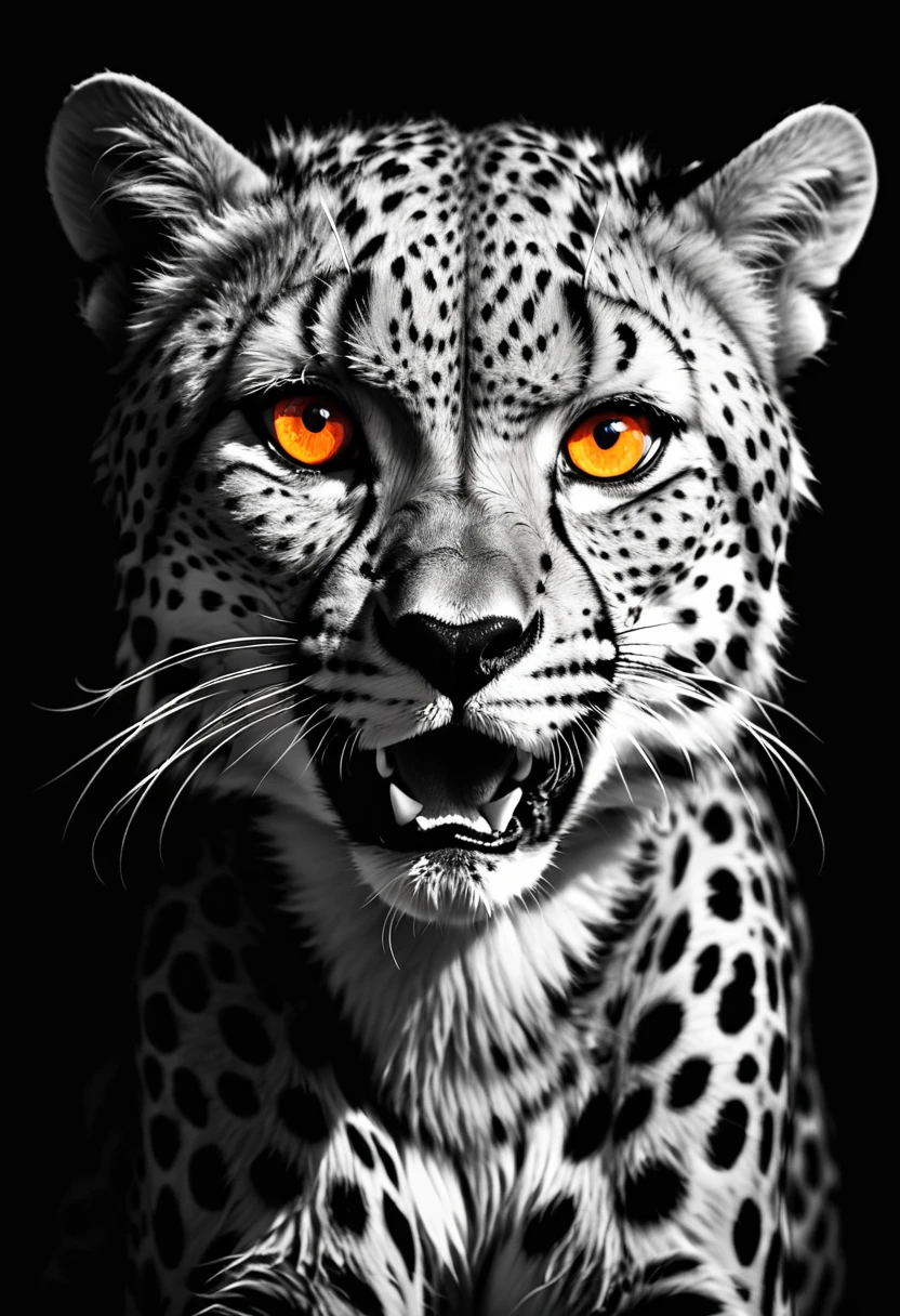 Fierce cheetah,Orange sharp eyes,Black and White,black background