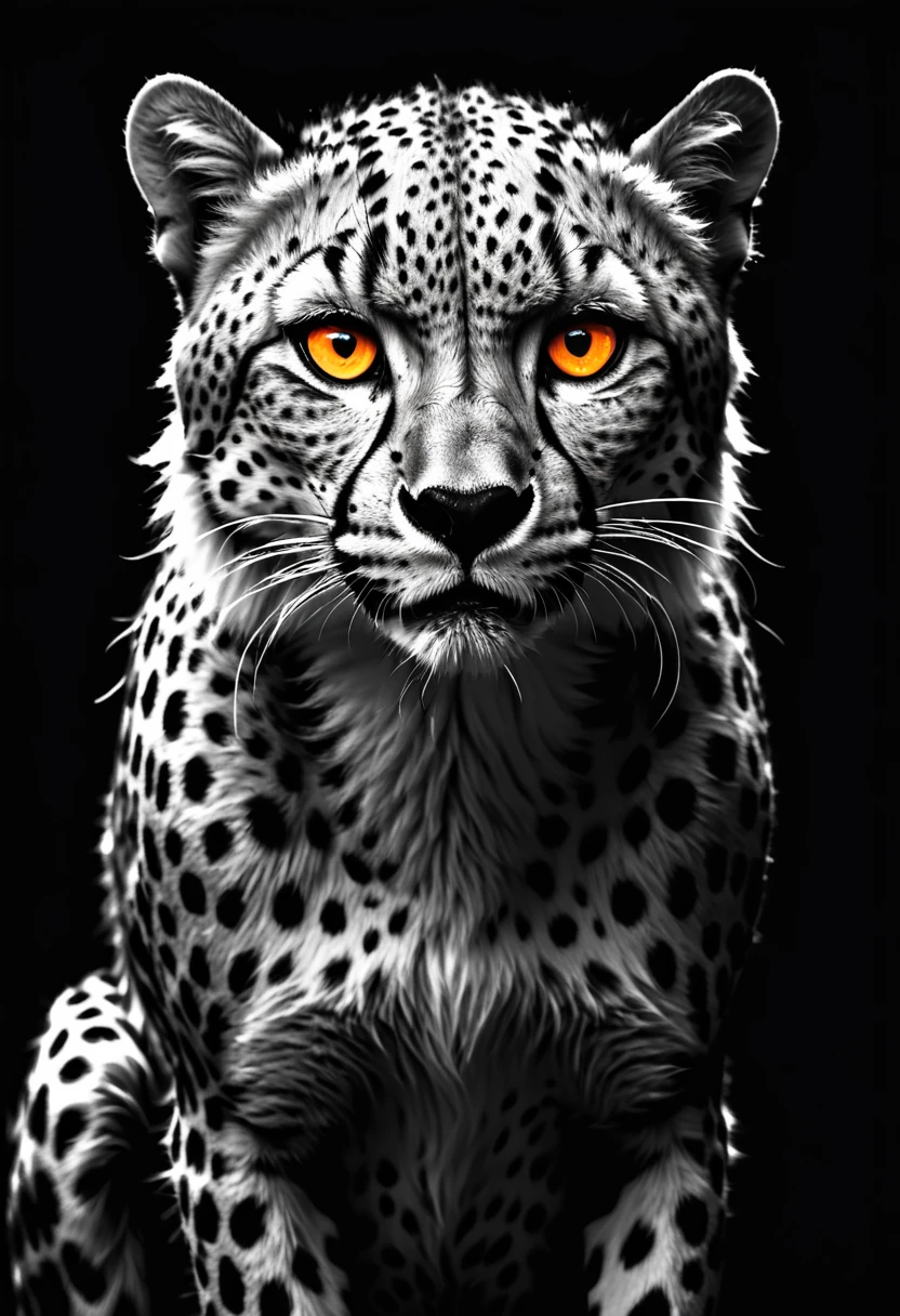 Fierce cheetah，Orange sharp eyes，Black and White，black background