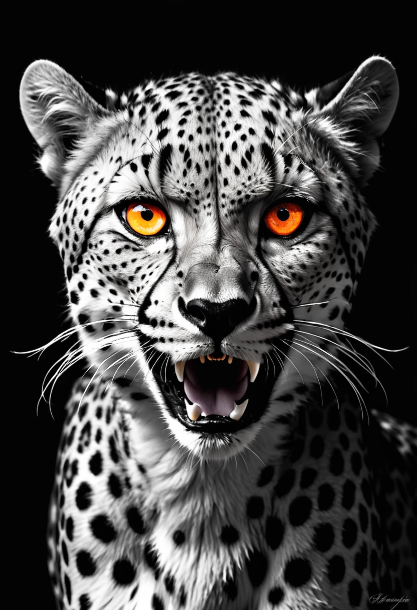 Fierce cheetah，Orange sharp eyes，Black and White，black background