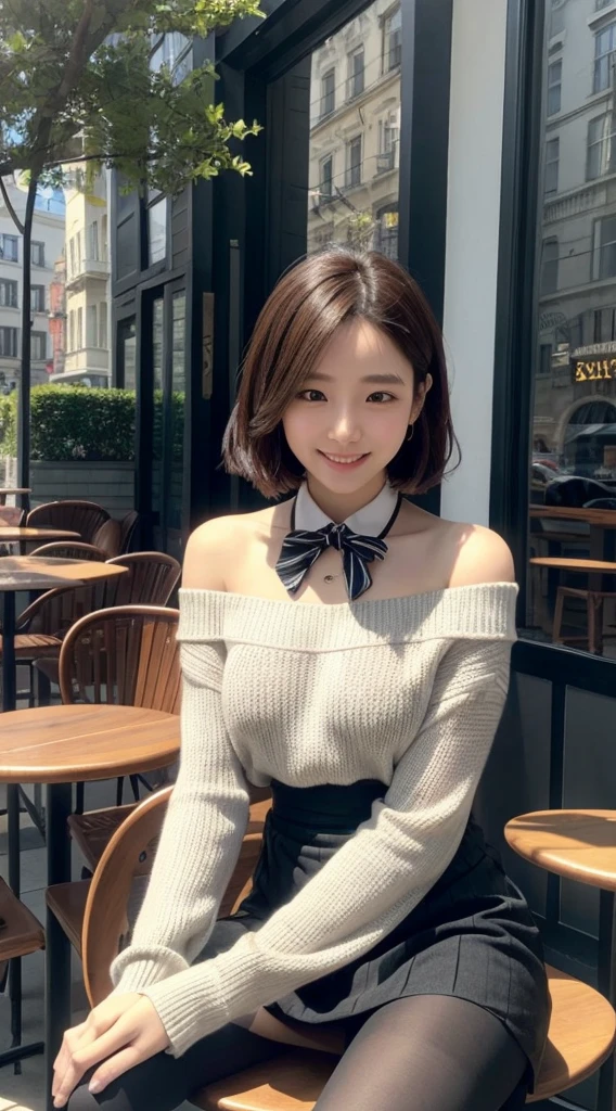8K Ultra HD, Digital SLR,Film Grain, Fujifilm XT3,(Highest quality:1.3), (masterpiece:1.1), High resolution, Cinematic Light, Intricate details, (Realistic),outside,beautiful outside,sunny,
Korean Girls,(At the cafe:1.5) , Dimples, Bobcut, View your viewers, Detailed tree, ribbon, A bow tie, Bare shoulders, Ribbed sweater,
Pencil Skirt, High Waist Skirt, Headrest, Sitting, indoor,
necklace,Black Pantyhose, sheet transportation sweater, (smile),(whole body:1.6),thin,