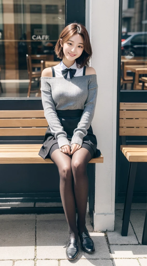 8K Ultra HD, Digital SLR,Film Grain, Fujifilm XT3,(Highest quality:1.3), (masterpiece:1.1), High resolution, Cinematic Light, Intricate details, (Realistic),outside,beautiful outside,sunny,
Korean Girls,(At the cafe:1.5) , Dimples, Bobcut, View your viewers, Detailed tree, ribbon, A bow tie, Bare shoulders, Ribbed sweater, 
Pencil Skirt, High Waist Skirt, Headrest, Sitting, indoor,
 necklace,Black Pantyhose, sheet transportation sweater, (smile),(whole body:1.6),thin,