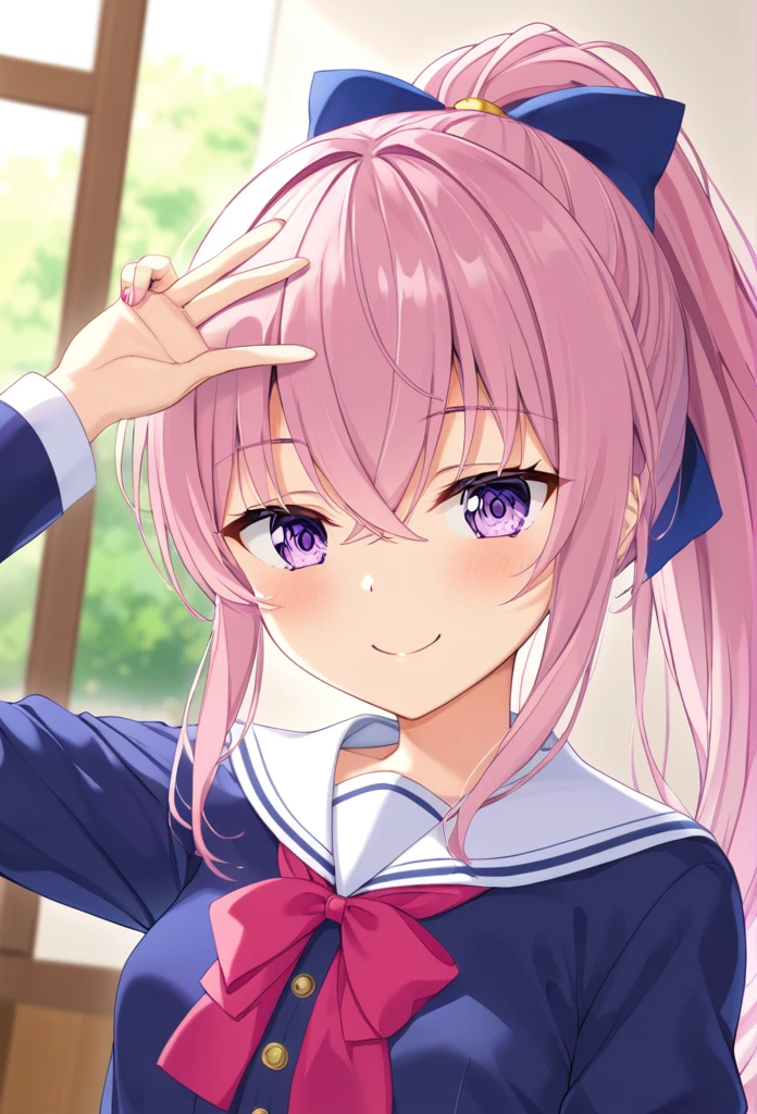 (((masterpiece)))(((Highest quality)))(((8K)))(((4K)))One Little Girl、10 years old、Straight Hair、(Pink Hair)Pink high ponytail、Ribbon on head、Crossed bangs、Light purple eyes、Squint your eyes、((Smile with your mouth closed))、(((かわいいサマードレス)))、Small breasts、Diagonally from behind、turn around、Upper Body、Anime Style
