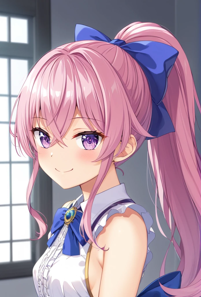 (((masterpiece)))(((Highest quality)))(((8K)))(((4K)))One Little Girl、10 years old、Straight Hair、(Pink Hair)Pink high ponytail、Ribbon on head、Crossed bangs、Light purple eyes、Squint your eyes、((Smile with your mouth closed))、(((かわいいサマードレス)))、Small breasts、Diagonally from behind、turn around、Upper Body、Anime Style