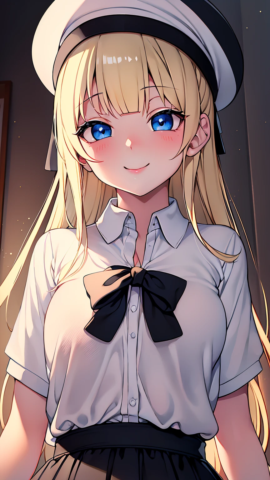 Highest quality,masterpiece,masterpiece portrait,Upper Body,　Blonde、Blue Eyes、Pink lips、、White shirt、Black Ribbon、Sexy atmosphere、cartoonist、(((Slightly )))、Wearing a beret、smile、Anime Style、Beauty、Her background is monochrome black、(((Front view)))、Looking up,oil
