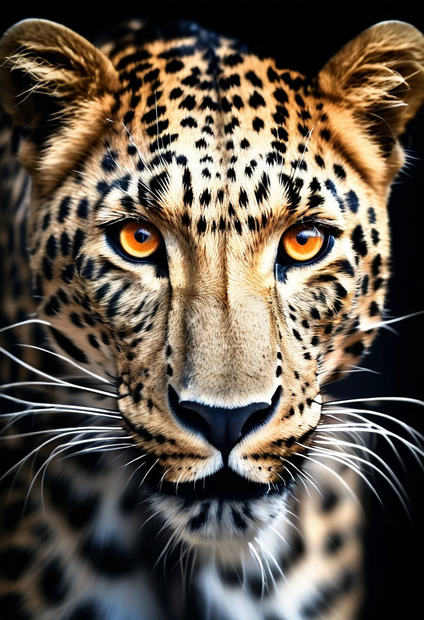 a fierce hunting leopard, intense orange eyes, black and white, dark background, photorealistic, 4k, best quality, masterpiece, ultra-detailed, realistic, physically-based rendering, sharp focus, vivid colors
