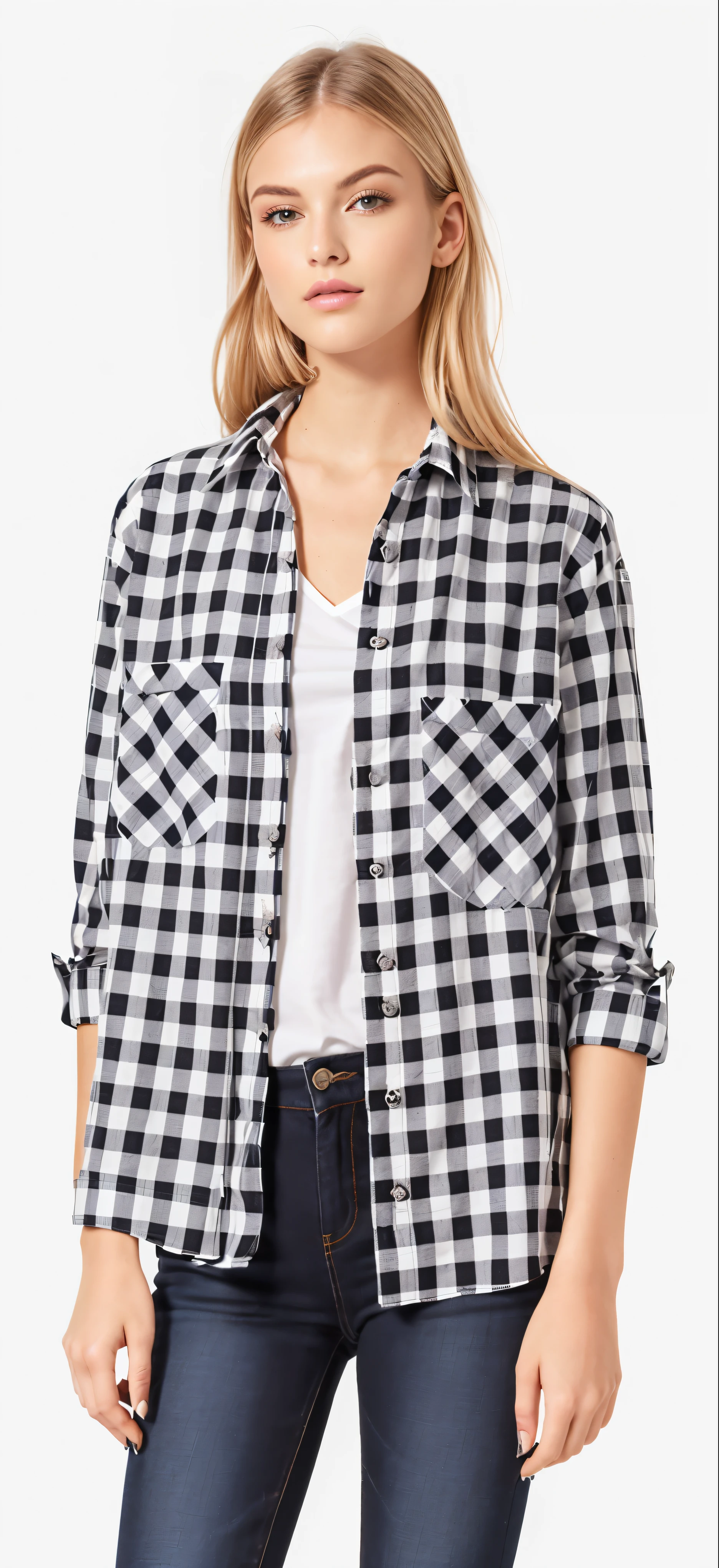 a woman wearing a black and white checkered camisa, plaid camisa, wearing a flanela camisa, flanela, wearing plaid camisa, wearing a plaid camisa, button up camisa, button - up camisa, camisa, lumberjack flanela, roupas pretas e brancas, splendid, wearing a camisa and a jean, detalhe perfeito, tied - up camisa, collared camisa, graphic print