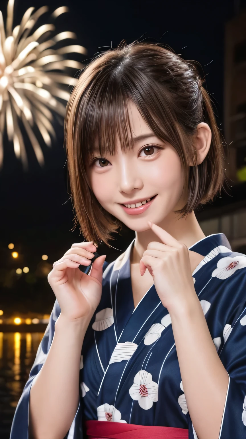 closeup shot , Best picture quality (8K, high resolution, Masterpiece: 1.2), super detailed, 215 Short Hair, 16-year-old woman,
situation: Scenes of people enjoying hand-held fireworks on the riverbank or in the garden。Spending time gazing at the tiny lights of fireworks。
clothing: Yukata with simple design、band、can。Hair tied up loosely、In natural style。
angle: Hand-held fireworks light background、A wide angle shot of a yukata。A face staring at the sparks of hand-held fireworks、A close-up of them having fun。Reflecting the beauty of the yukata and the light of small fireworks。
Close-up of face
, random cute pose ,big eyes ,Puffy eyes , Heart Pupil, blush , huge shy smile , salute
