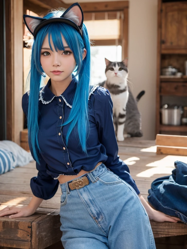 Masterpiece, best quality, ai-generated, cat girl
, Blue hair,cowboy shot,