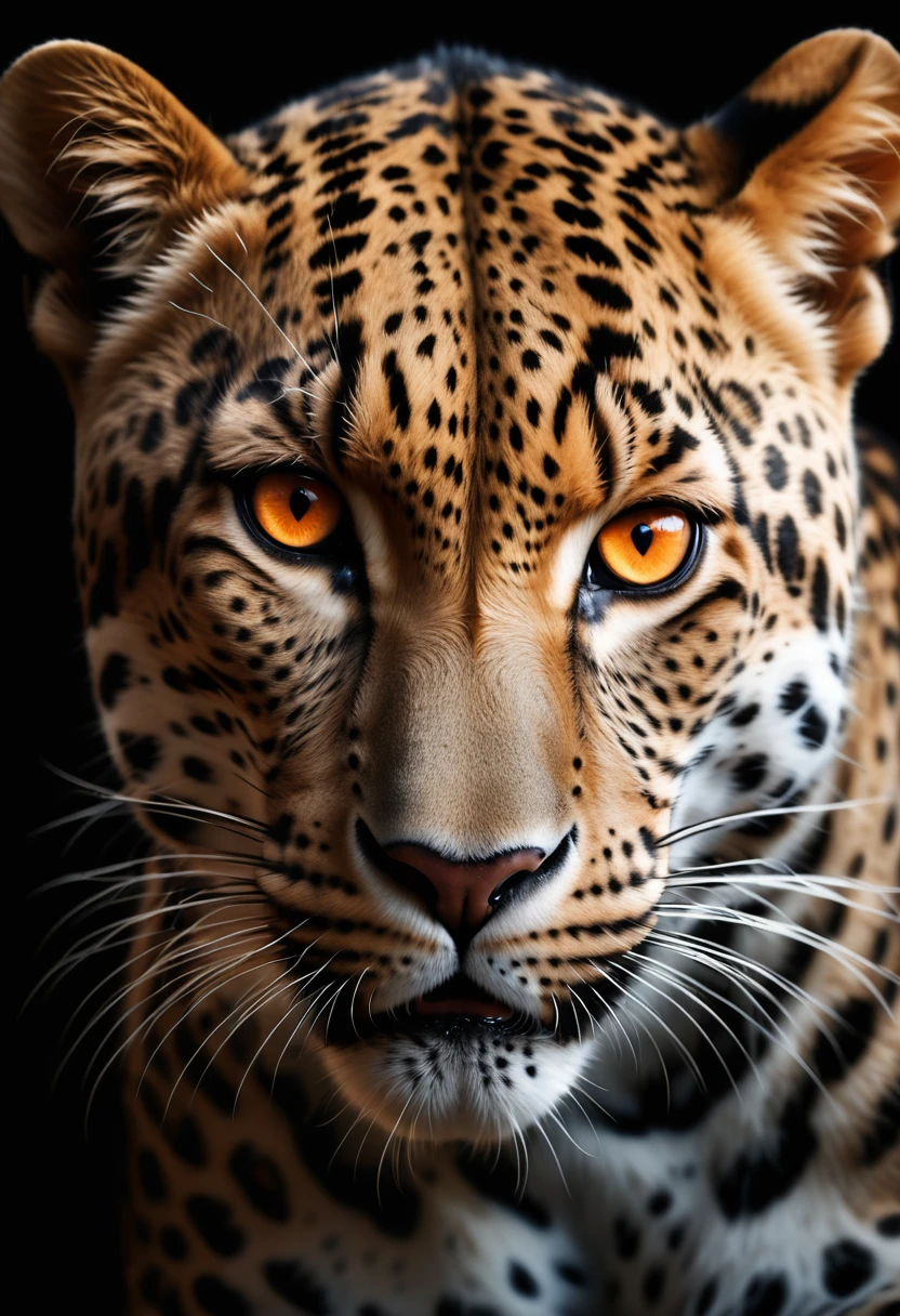 a fierce leopard,1leopard,orange piercing eyes,black and white,dark background,photorealistic,realistic,high quality,high resolution,ultra detailed,masterpiece,studio lighting,cinematic lighting,dramatic lighting