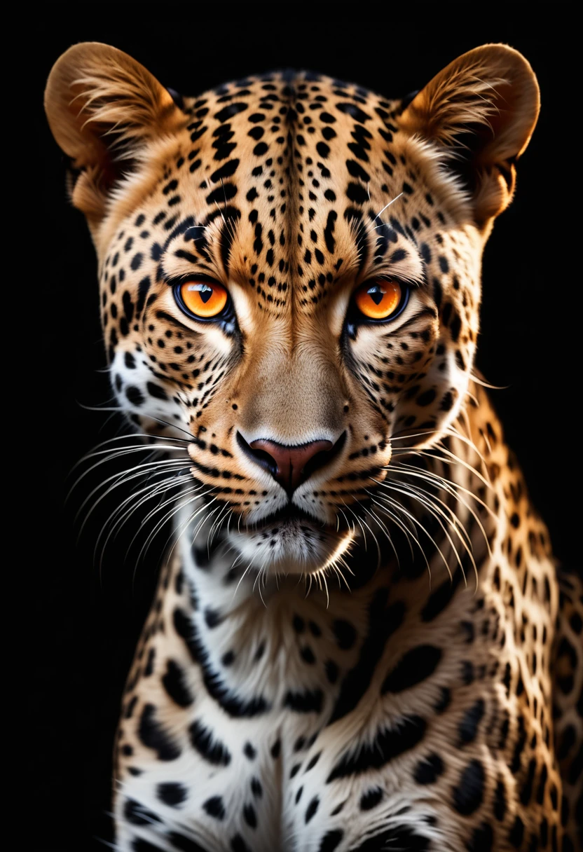 a fierce leopard,1leopard,orange piercing eyes,black and white,dark background,photorealistic,realistic,high quality,high resolution,ultra detailed,masterpiece,studio lighting,cinematic lighting,dramatic lighting