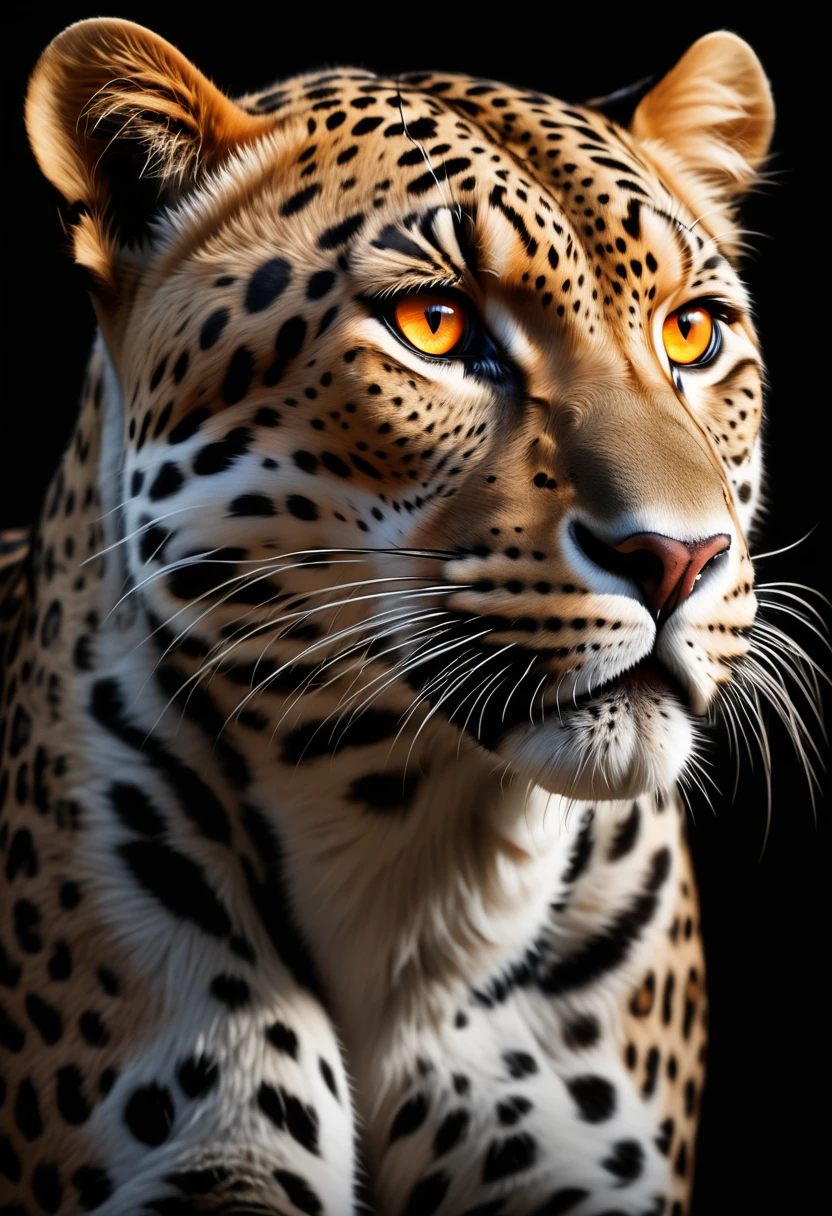 a fierce leopard,1leopard,orange piercing eyes,black and white,dark background,photorealistic,realistic,high quality,high resolution,ultra detailed,masterpiece,studio lighting,cinematic lighting,dramatic lighting