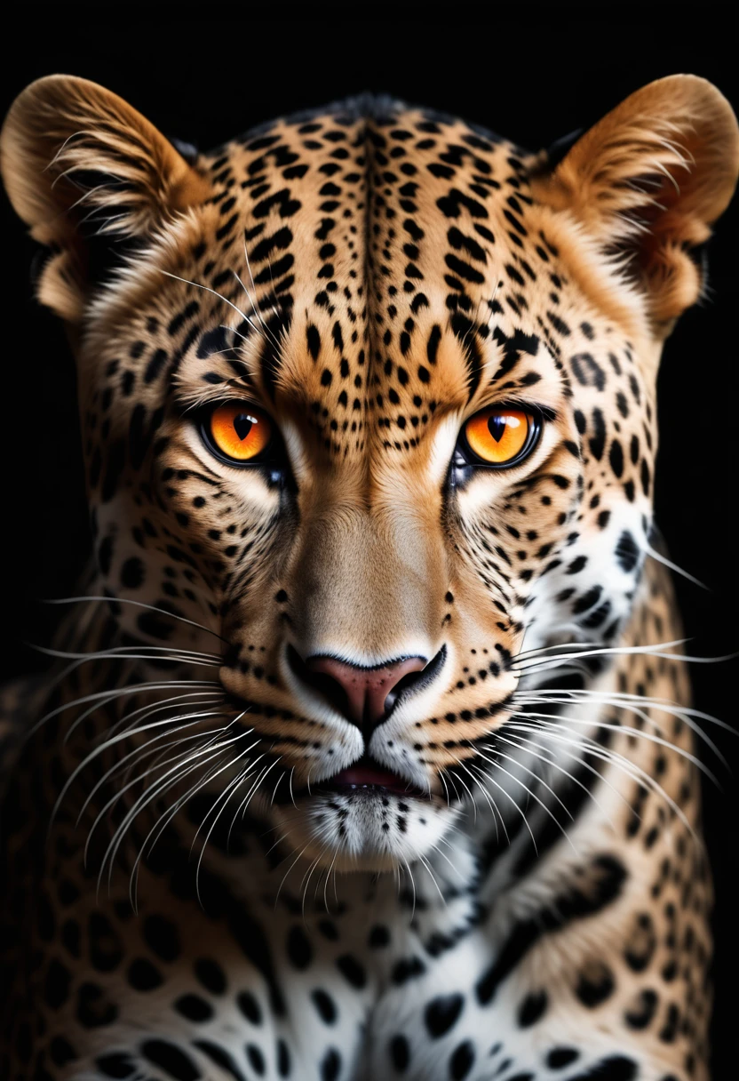 a fierce leopard,1leopard,orange piercing eyes,black and white,dark background,photorealistic,realistic,high quality,high resolution,ultra detailed,masterpiece,studio lighting,cinematic lighting,dramatic lighting