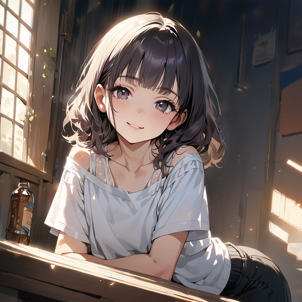 (Cute a girl:1.5), (Off-the-shoulder white plain T-shirts, black sarouel pants:1.1),(masterpiece:1.3), anime visual, (Lovey-dovey:1.5), (tilt head:1.3), extremely delicate face, realistic lighting and shading, (an extremely delicate and beautiful art:1.3),,smiling,pale purple wavy and blunt bangs hair,green and black eyes,smiling,from front,fullbody shot,full body shot,At a night lesson, students were seen with sports towels around their necks and drinking water from plastic bottles,