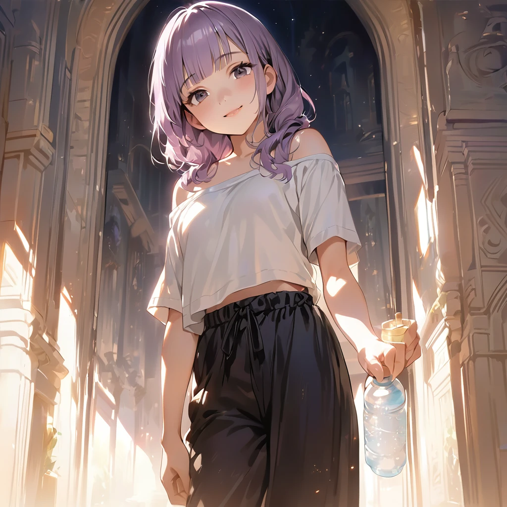 (Cute a girl:1.5), (Off-the-shoulder white plain T-shirts, black sarouel pants:1.1),(masterpiece:1.3), anime visual, (Lovey-dovey:1.5), (tilt head:1.3), extremely delicate face, realistic lighting and shading, (an extremely delicate and beautiful art:1.3),15 years old,smiling,pale purple wavy and blunt bangs hair,green and black eyes,smiling,from front,fullbody shot,full body shot,At a night lesson, students were seen with sports towels around their necks and drinking water from plastic bottles,