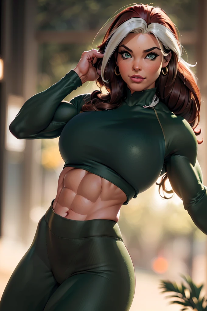 masterpiece:1.0), (best_quality:1.2), Classic Rogue, 1991 Rogue X-Men, ((1 girl)), head to ground view, (candid), still pose, sweaty, towel around neck, ((clothing: green yoga pants, cropped top with long sleeveedium length hair, auburn hair, one lock of white hair, ponytail, green eyes, mischievous look, smirk, parted lips, fit figure, (((massive breasts:1.5))), ((((huge muscles))))no makeup, gold earrings, backlit, (realism: 1.5), (Realistic: 1.4), (Absurdity:1.4), 8k, ultra-detailed, (background: high tech gymnasium), official art, extremely detailed CG unity 8k wallpaper, perfect lighting, Colorful, ultra high res, photography, 8K, HDR, Kodak portra 400, film grain, blurry background, (bokeh:1.2), (vibrant_color:1.2), film grain:1.2, (warm hue, warm tone:1.2), (color photo), professional photograph