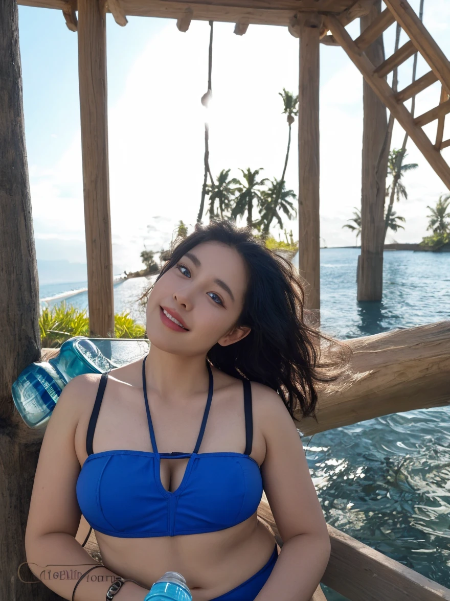 arafed woman in a bikini and hat standing on a deck, wearing two - piece swimsuit, vacation photo, with straw hat, is wearing a swimsuit, paradise in the background, mai anh tran, wearing pearl neon bikini, attire: bikini, full body shot in bikini, with beautiful exotic, at a tropical beach, posing on a beach with the ocean