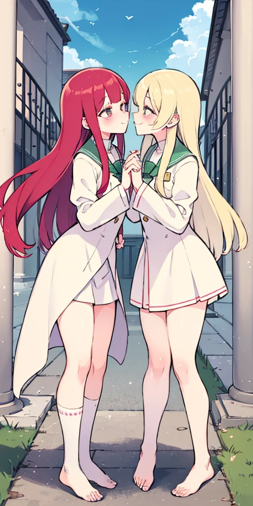 Body position: Standing, straight, symmetrical, barefoot, Lustful smile on face with red blush, 2 girls who gets married and stands in front of school, kissing