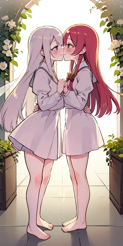 Body position: Standing, straight, symmetrical, barefoot, Lustful smile on face with red blush, 2 girls who gets married and stands in front of many people, kissing