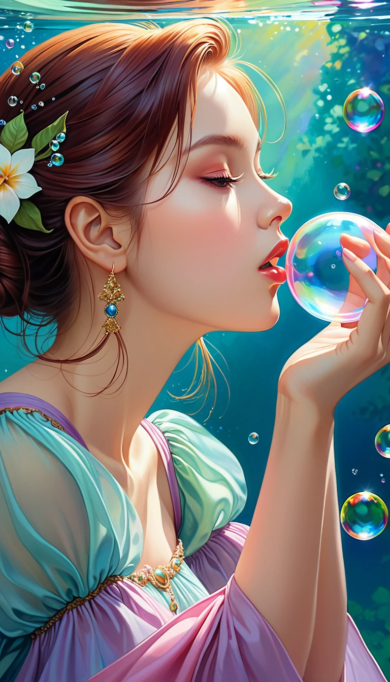 A painting of a woman in a dress blowing bubbles, Roysh and Wow, Mysterious Bubbles, Moebius + Roysh + Wow, Dreamy details, intricate Wow, A close-up fantasy using the magic of water, fairy tale artwork, Fairy tale painting, Anna Dittmann style, Wow art, Realistic fantasy painting, Artgerm Julie Bell Beeple