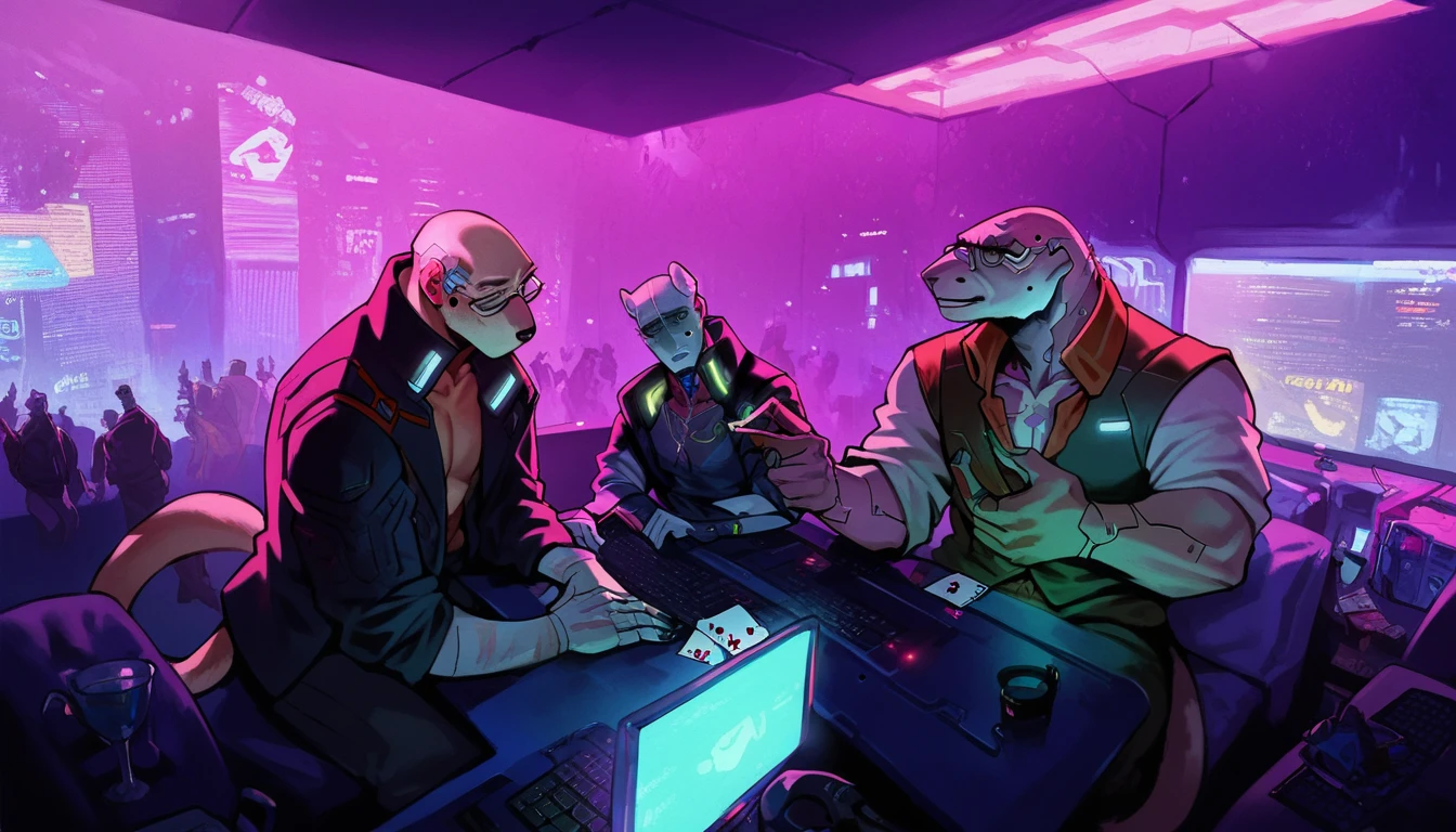 score_9, score_8_up, score_7_up, (cyberpunk city, night room, basement, wall of monitors, computers, hacker lair:1.5),
((mole:1.2),anthro, male, many, others, 2others, crowd, gang, sitting in an armchairs, (playing cards:1.2), ((wears smoking, business suit)), mafia boss guards, glasses, scars, bald head, beautiful, (wears cyberpunk additions, without an eyes:1.5)