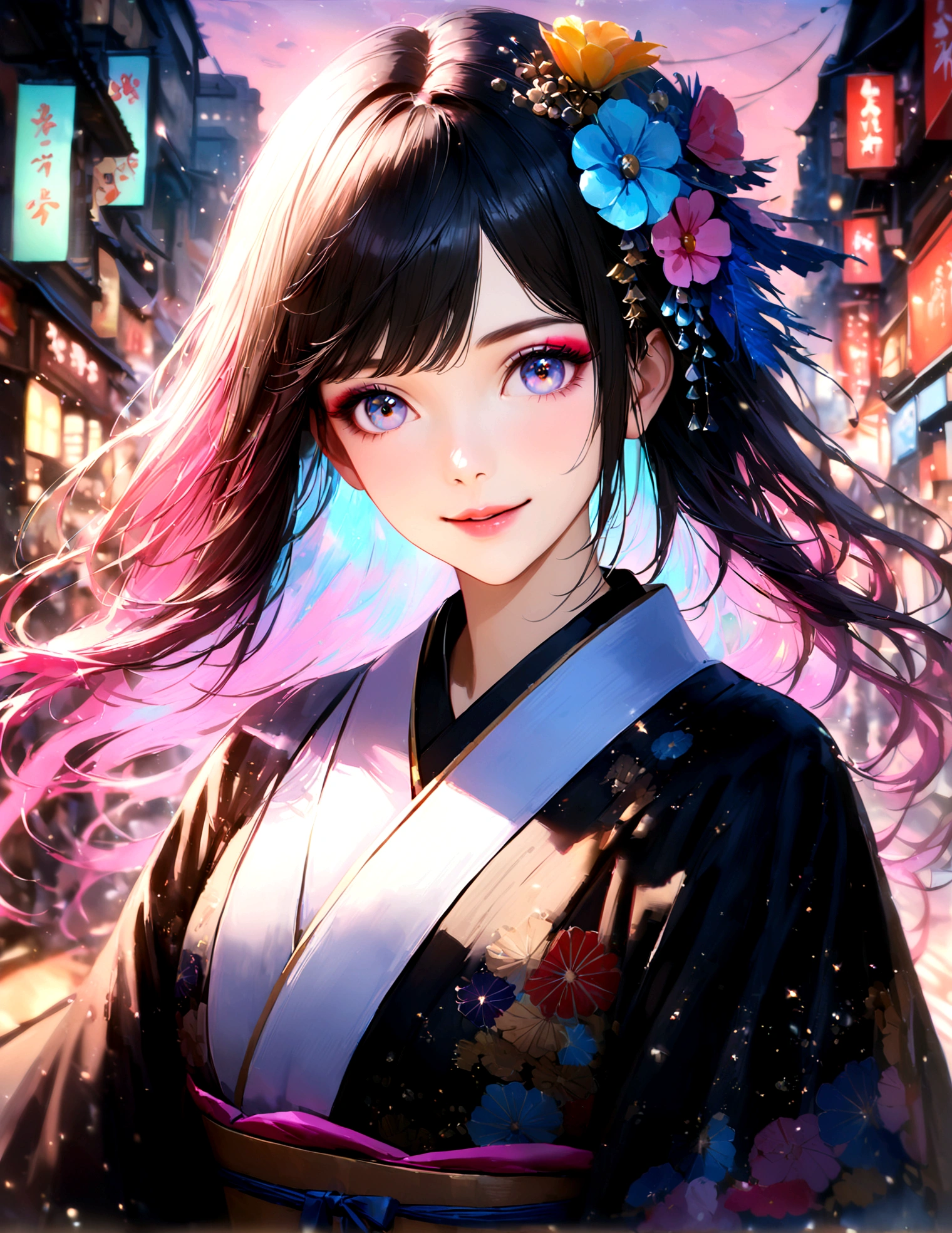 Kyoto cityscape, kimono,Maiko makeup,Blur the background,young woman,smile,Glitter effect,Highest quality,8K, High resolution, masterpiece:1.2, Very detailed, Realistic:1.37, High resolution, 超High resolution, Ultra-fine painting, Very detailedな, Vibrant colors