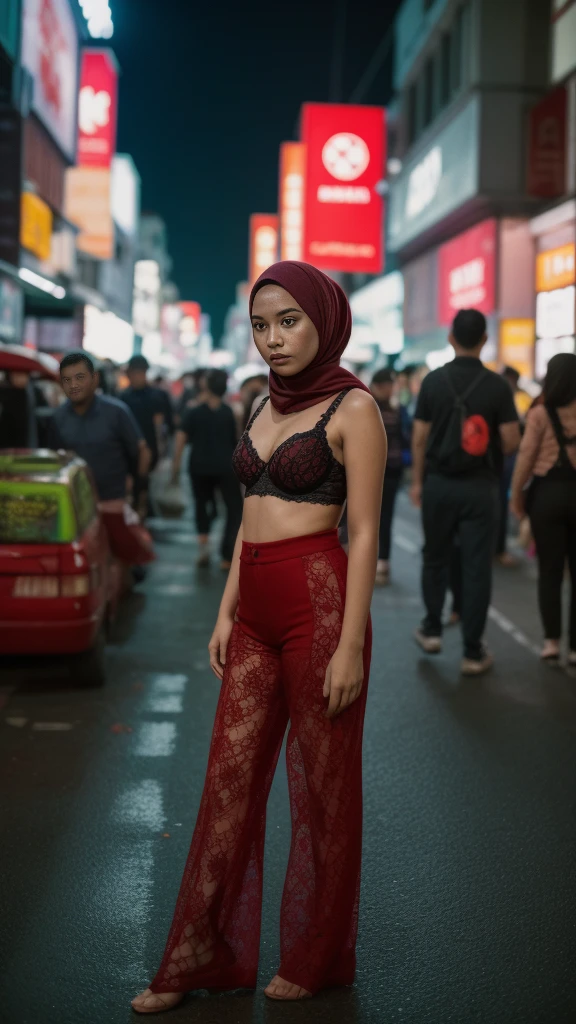 a malay teenage girl in hijab and dark red lace bra and high waist pants catwalk in front of crowded bustling kuala lumpur malaysia city streets, serious face, nighttime, 35mm lens, establishing shot, pastel color grading, depth of field cinematography effect, film noir genre, 8k resolution, high quality, ultra detail