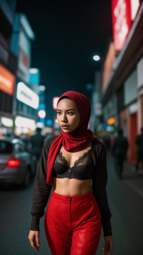 a malay age girl in hijab and dark red lace bra and high waist pants catwalk in front of crowded bustling kuala lumpur malaysia city streets, serious face, nighttime, 35mm lens, establishing shot, pastel color grading, depth of field cinematography effect, film noir genre, 8k resolution, high quality, ultra detail