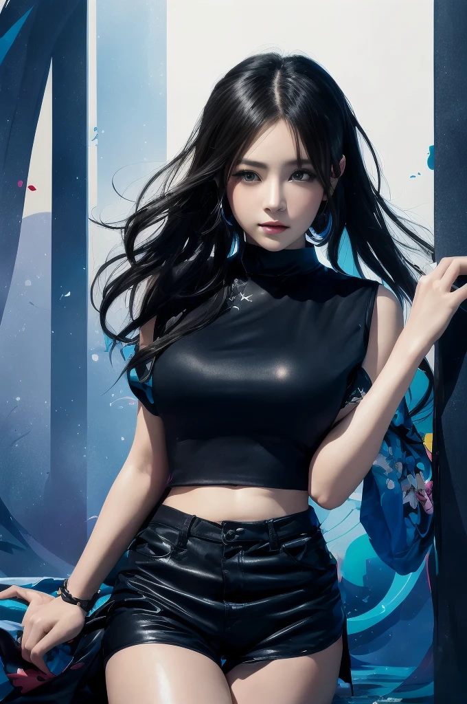 A woman in a black top and blue shorts is posing, Beautiful digital art, Anime Style 4 k, artwork in the style of Gwaiz, Trending on cgstation, ロストラン 8K, By Russell Dongjun Lu, Enchanting anime girl, [ 4k digital art ]!!, Beautiful and attractive anime woman, Anime Style. 8K, Gwaiz