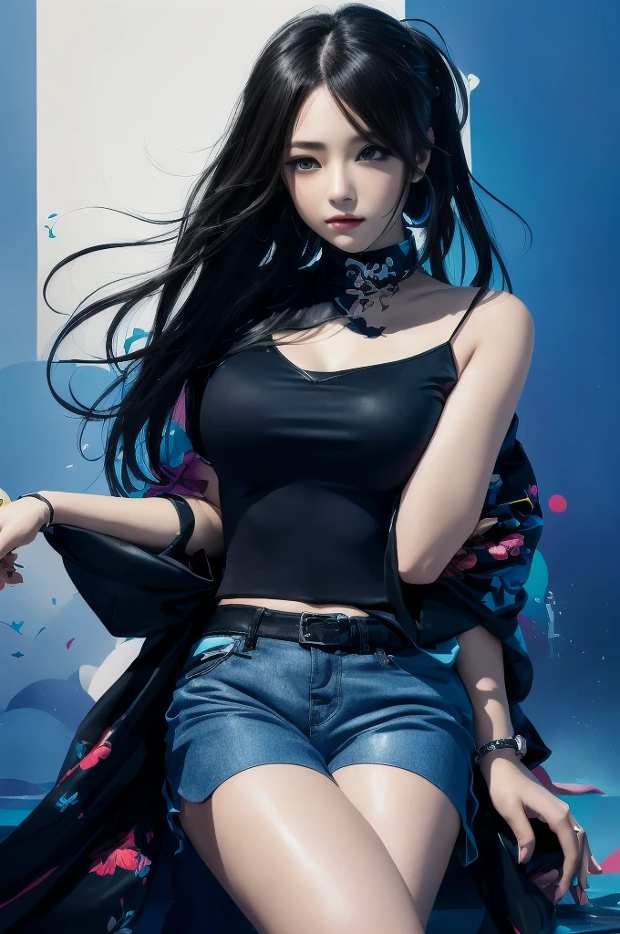 A woman in a black top and blue shorts is posing, Beautiful digital art, Anime Style 4 k, artwork in the style of Gwaiz, Trending on cgstation, ロストラン 8K, By Russell Dongjun Lu, Enchanting anime girl, [ 4k digital art ]!!, Beautiful and attractive anime woman, Anime Style. 8K, Gwaiz