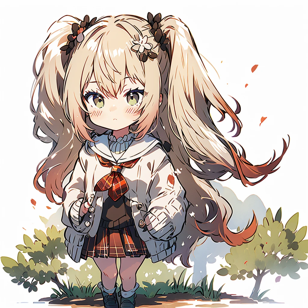 best quality,absurd res, 1girl,solo,nene_casual,landscape photo of summer pasture,twintails, brown sweater, red skirt, sailor collar, neckerchief, white sock, smol,