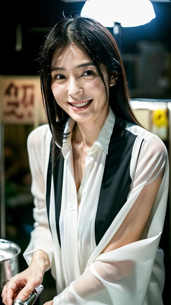 Ultra-realistic front-on portraits taken by a professional photographer。7 heads、((Highest quality)), ((masterpiece)), (detailed), (midnight ,A Tokyo food stall in the dark under a new moon and light rain, Low Key Lighting:1.6)、(looking at viewer, Staring Intently , leaning forward:1.2), (hands on groin:1.6) , A very beautiful, extremely elegant and intelligent 42 year old Japanese woman.。Very intelligent and goddess-like face。(An extremely elegant, calm and modest smile, Being drunk、My eyes are watering、In heat、embarrassed ,blush,Voluptuous body:1.5)、A short, well-groomed, shiny black haircut。The skin is white and very smooth。(A simple business short-sleeved open-neck shirt in a very thin white fabric with a wide, deep neckline.:1.3)。 (Tokyo in the extremely hot and rainy summer、I'm pretty sweaty、Her clothes were soaking wet, and through the extremely thin fabric her skin and navy blue, lacy, high-end underwear were clearly visible.:1.9)。(A long navy pencil skirt with a long slit in the front,The clothes fit the body very well:1.8), (The line of the chest, collarbone and décolletage are extremely beautiful.:1.9)。She is looking straight at the camera with a very shy look on her face.。Light makeup and no piercings,