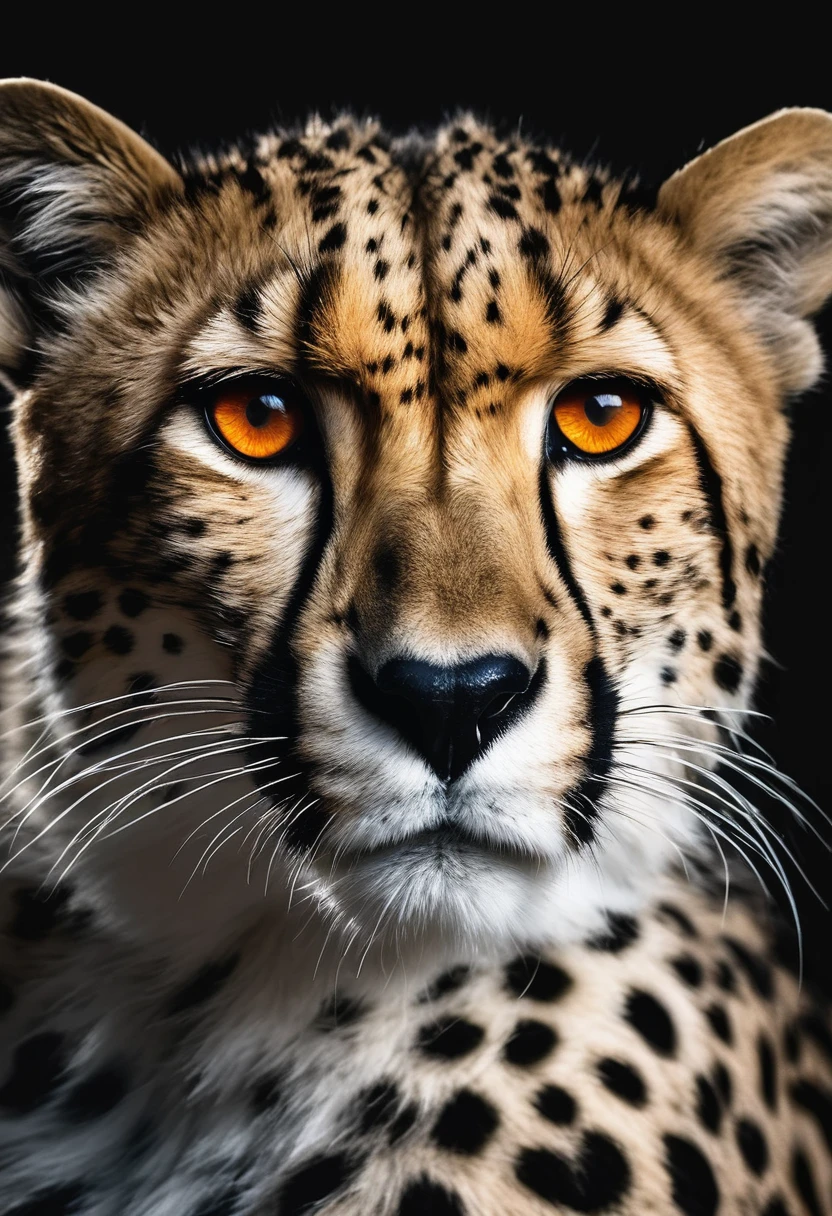 1 cheetah, intense orange eyes, black and white, black background, (best quality,4k,8k,highres,masterpiece:1.2),ultra-detailed,(realistic,photorealistic,photo-realistic:1.37),highly detailed animal portrait, dramatic lighting, powerful predator, fierce expression, captivating gaze, sleek spotted fur, muscular build, low angle shot, close-up view, minimalist composition, high contrast