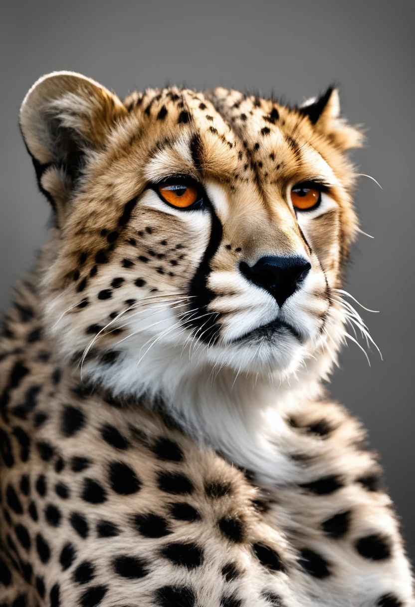 1 cheetah, intense orange eyes, black and white, black background, (best quality,4k,8k,highres,masterpiece:1.2),ultra-detailed,(realistic,photorealistic,photo-realistic:1.37),highly detailed animal portrait, dramatic lighting, powerful predator, fierce expression, captivating gaze, sleek spotted fur, muscular build, low angle shot, close-up view, minimalist composition, high contrast