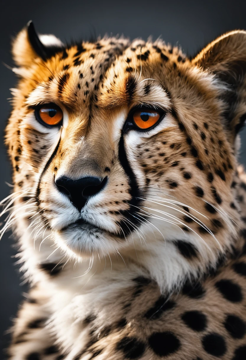 1 cheetah, intense orange eyes, black and white, black background, (best quality,4k,8k,highres,masterpiece:1.2),ultra-detailed,(realistic,photorealistic,photo-realistic:1.37),highly detailed animal portrait, dramatic lighting, powerful predator, fierce expression, captivating gaze, sleek spotted fur, muscular build, low angle shot, close-up view, minimalist composition, high contrast
