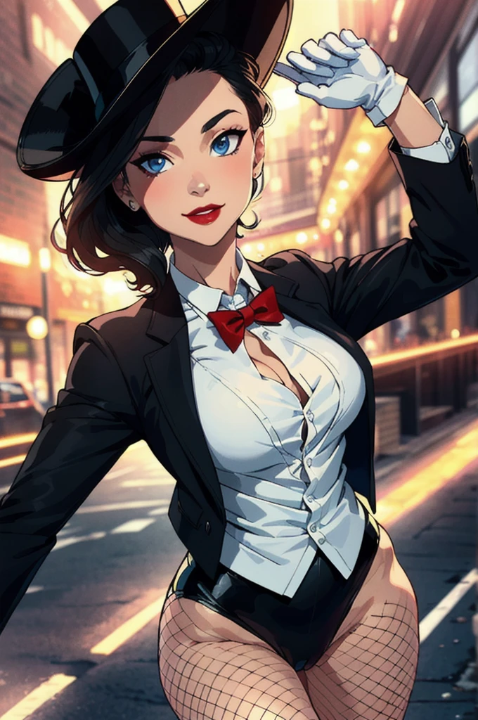 (masterpiece:1.2), (best quality), (ultra detailed), (8k,4k),(half body:1.2),(cowboy:1.2),(highly detailed:1.2),(detailed face:1.2), (detailed background),(portrait),detailed landscape,(dynamic pose:1.2),(perfect lightingbest quality),zatanna 1girl, solo, long hair, breasts, looking at viewer, smile, blue eyes, large breasts, shirt, black hair, gloves, hat, bow, jacket, white shirt, pantyhose, open clothes, white gloves, bowtie, leotard, black jacket, black headwear, makeup, lipstick, fishnets, black leotard, top hat, red lips, fishnet pantyhose