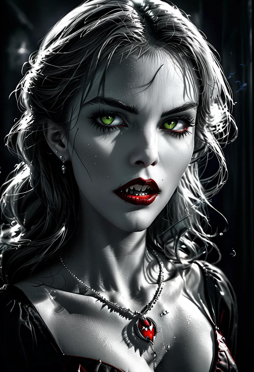 ((a photorealistic portrait of an exquisite, glamour female vampire: 1.5)) , pale face, blond hair, long vibrant shiny hair, glamorous hair, emerald green eyes, deep penetrating eyes, red lips, lustful lips, ((two vampiric fangs: 1.5), drops of blood dripping from the mouth, ((1930's style: 1.5)), she wears an intricate diamond necklace and earrings, 1930's style clothes, (highest quality:1.2, Very detailed, up to date, Vibrant, Ultra-high resolution, High Contrast, masterpiece:1.2, highest quality, Best aesthetics), best details, best quality, highres, ultra wide angle, 16k, [ultra detailed], masterpiece, best quality, (extremely detailed), Genetically modified..., Cinematic Hollywood Film, dark novel