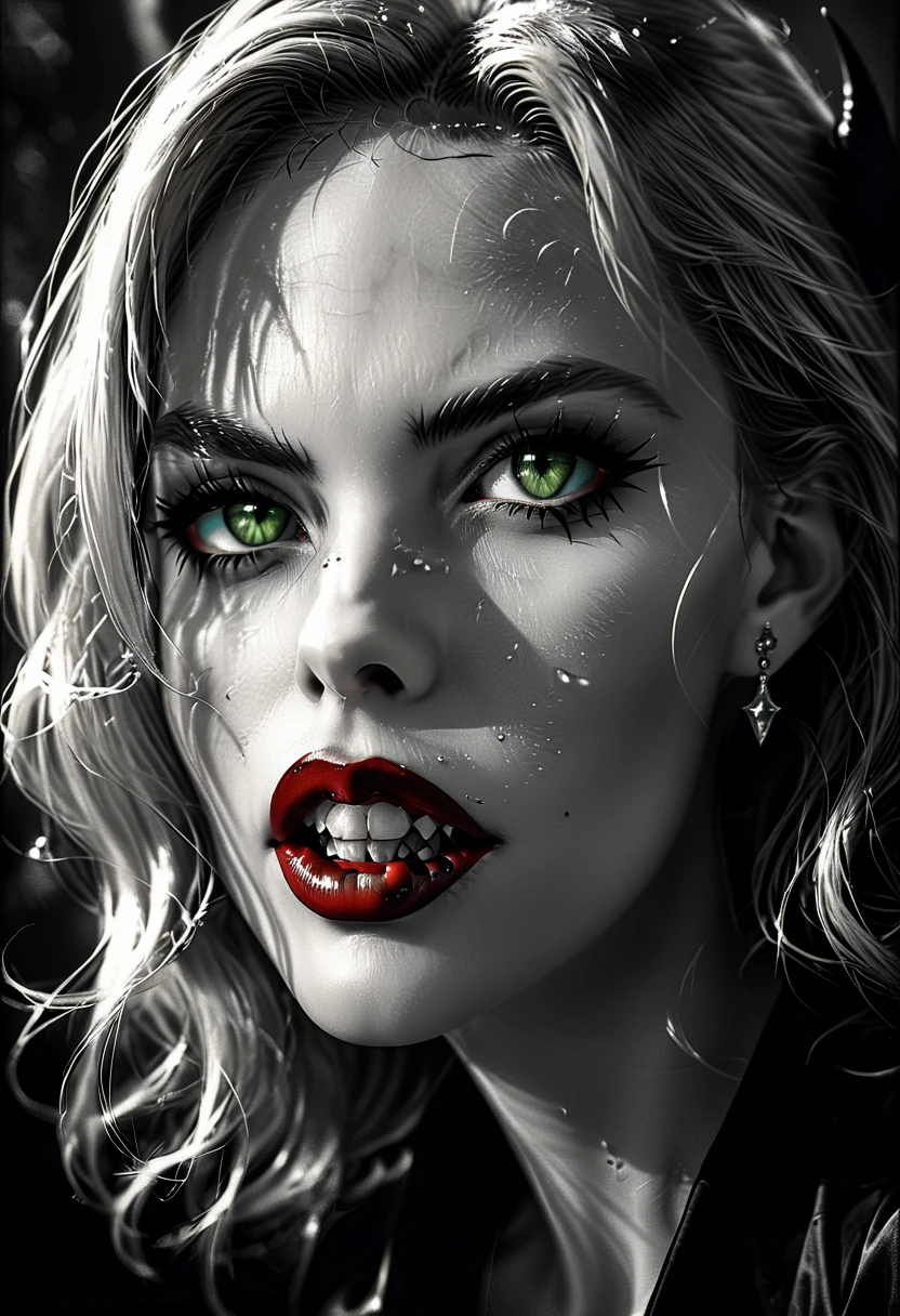 ((a photorealistic portrait of an exquisite, glamour female vampire: 1.5)) , pale face, blond hair, long vibrant shiny hair, glamorous hair, emerald green eyes, deep penetrating eyes, red lips, lustful lips, ((two vampiric fangs: 1.5), drops of blood dripping from the mouth, ((1930's style: 1.5)), she wears an intricate diamond necklace and earrings, 1930's style clothes, (highest quality:1.2, Very detailed, up to date, Vibrant, Ultra-high resolution, High Contrast, masterpiece:1.2, highest quality, Best aesthetics), best details, best quality, highres, ultra wide angle, 16k, [ultra detailed], masterpiece, best quality, (extremely detailed), Genetically modified..., Cinematic Hollywood Film, dark novel