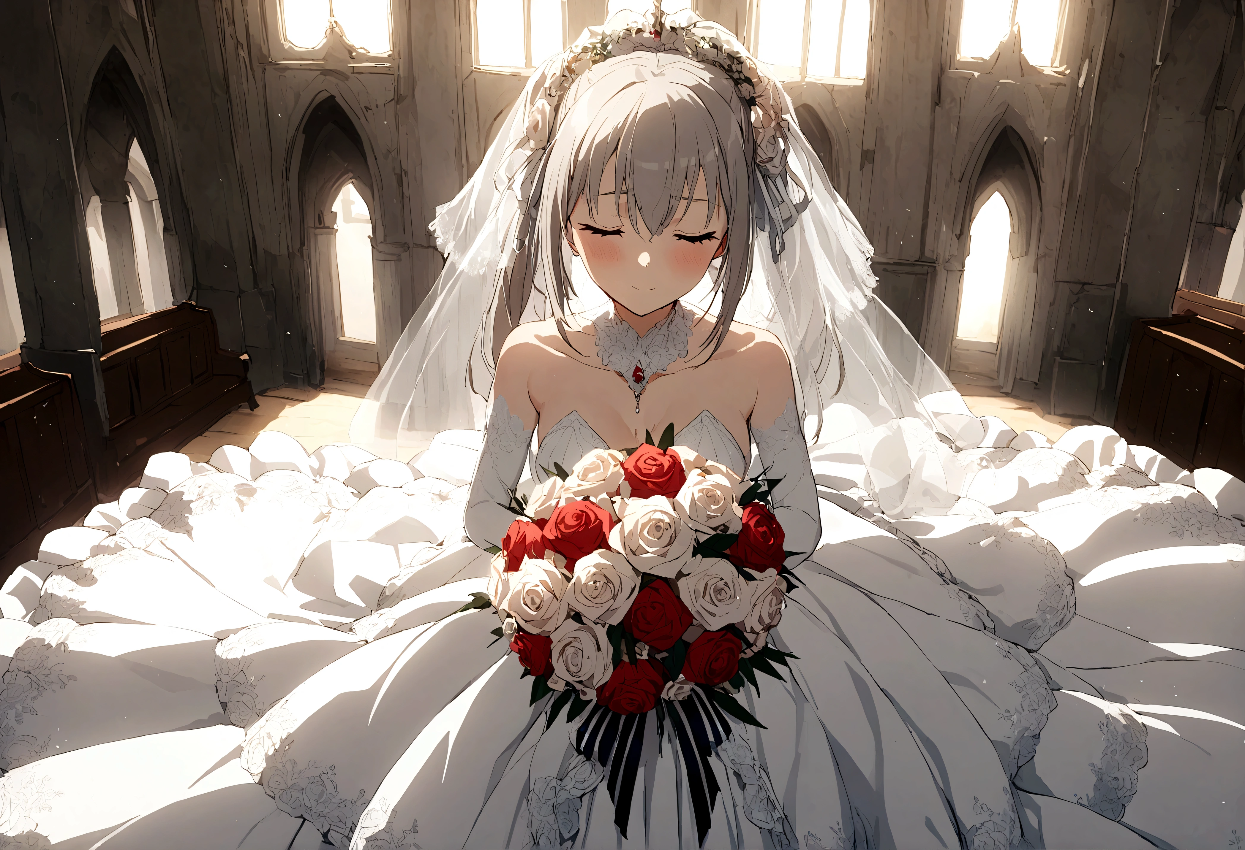 1 girl，Kasugano Sora， Sora，white pantyhose，wedding dress，white gray hair，long double ponytail，bridal bouquet，wedding veil