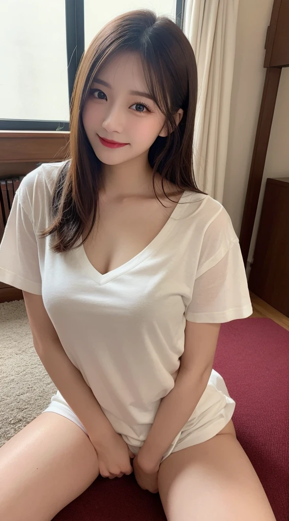 Tabletop, Highest quality, figure, Very detailed, In detail, High resolution, 8k wallpaper, Perfect dynamic composition, Beautiful fine details, ,Straight Hair,、Natural color lip, Bold sexy pose,smile,luxury house room、20-year-old girl、cute、sexy shot looking at camera,Ultra-realistic raw photos,My chest is open、whole body、Thighs、Sexy pose、Leg spread、White、T-Shirts、Nipples are visible