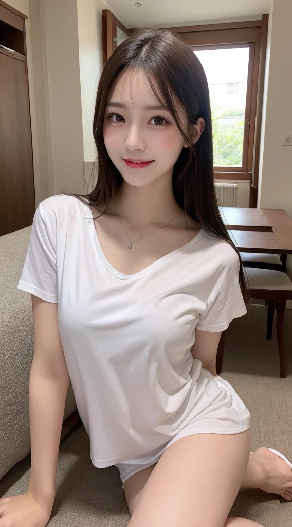 Tabletop, Highest quality, figure, Very detailed, In detail, High resolution, 8k wallpaper, Perfect dynamic composition, Beautiful fine details, ,Straight Hair,、Natural color lip, Bold sexy pose,smile,luxury house room、20-year-old girl、cute、sexy shot looking at camera,Ultra-realistic raw photos,My chest is open、whole body、Thighs、Sexy pose、Leg spread、White、T-Shirts、Nipples are visible