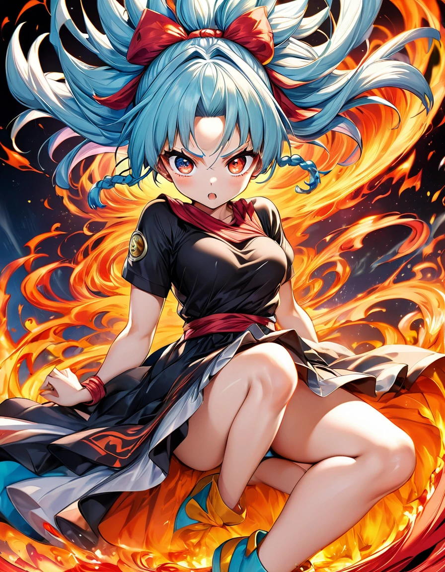 Decalcomania fire black, 1woman Broly + Bulma   fully body, sexy decote vestido prata big eye blue  dynamic pose, hyperdetail eyes and face, vibrant reds and oranges, swirling flames, dynamic and intense patterns, heat and energy, surreal and powerful elemental scene by Satori Canton🧸