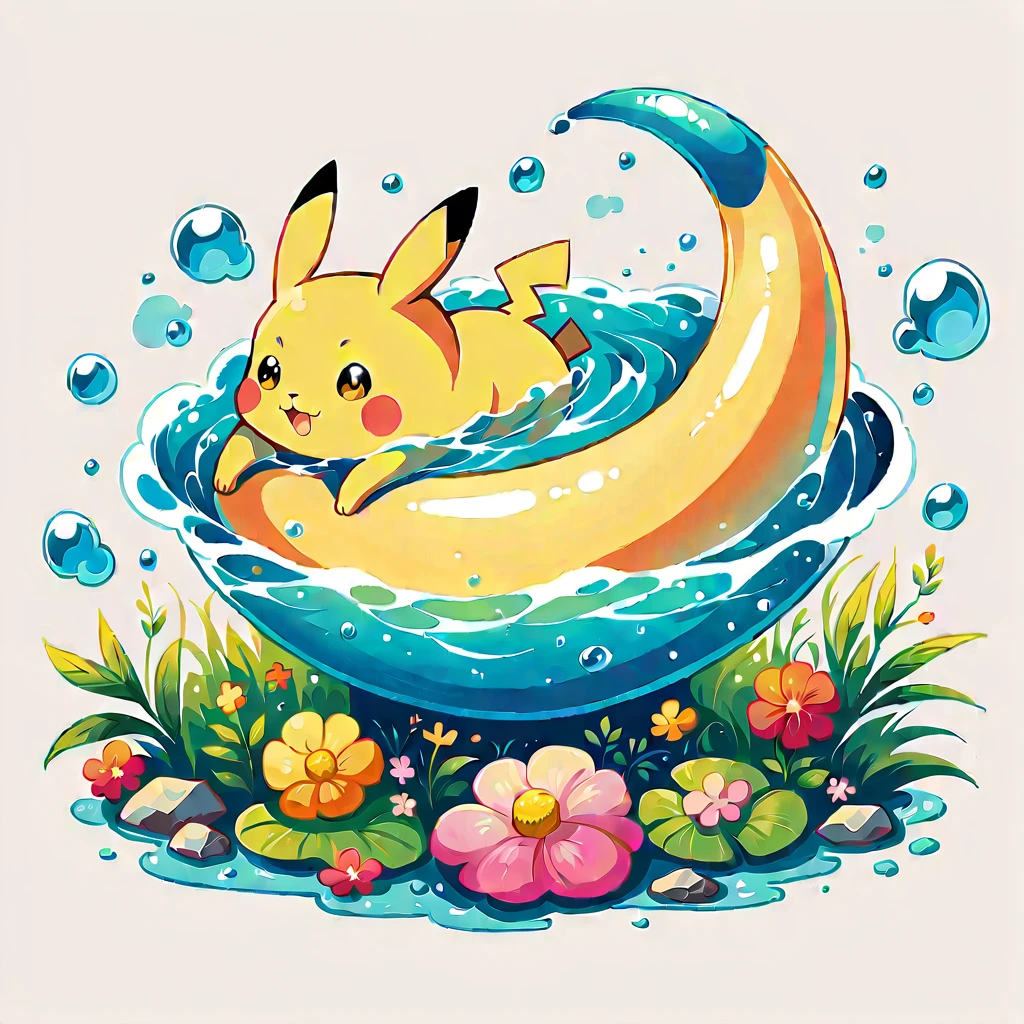 cute scene featuring Pikachu practicing swimming, Pikachu should be in a shallow pool or a calm body of water, looking determined and joyful. Use a bright and cheerful color palette with soft, painterly strokes. Include elements like a small floatation device or swim ring, water splashes around Pikachu, and perhaps a few playful bubbles. The background should feature a sunny day with clear skies, and maybe some gentle waves or distant beach scenery.